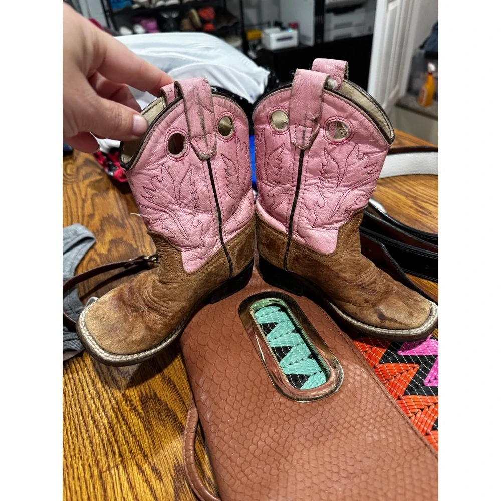 Old West Toddler Girls Pink Brown Leather Cowboy Boots BS1839 Size 7D